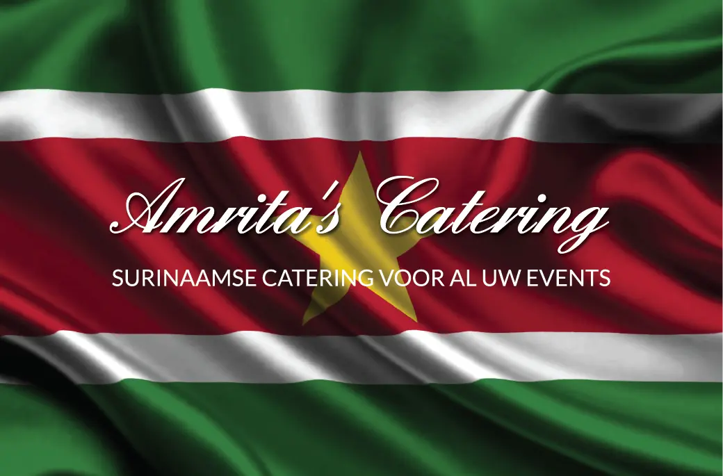 Logo Amrita’s Catering: Surinaamse catering voor al uw events, met de vlag van Suriname